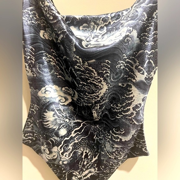 NWOT Bear Dance Cowl Neck, Dragon Print Satin Bodysuit - Picture 4 of 11